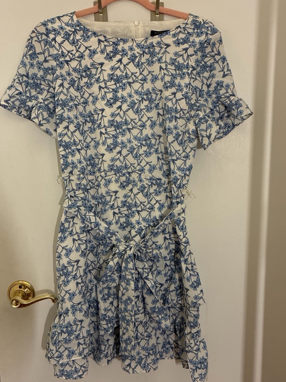 Banana Republic White Mini Dress with Blue Floral Print and Tie-Waist
